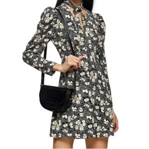 TOPSHOP Tie Neck Black & White Floral Print Chiffon Long Sleeve Mini Dress Sz 6
